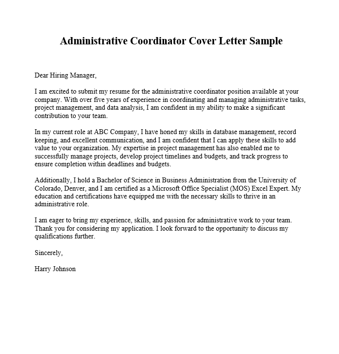 Administrative Coordinator Cover Letter Sample