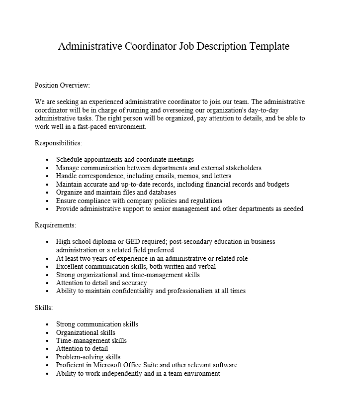 Administrative Coordinator Job Description Template