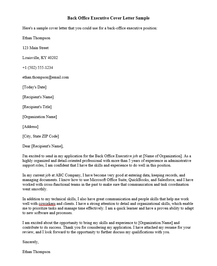 Back Office Executive Cover Letter Sample