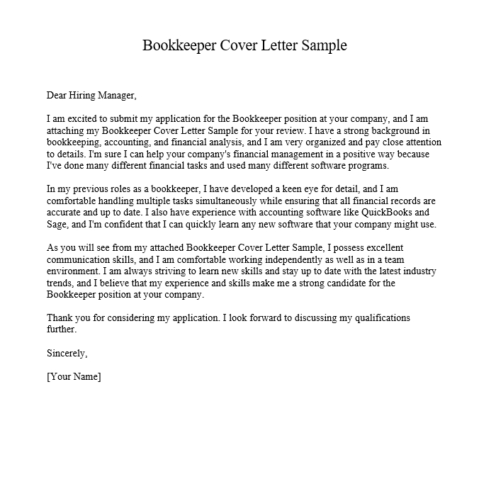 Bookkeeper Cover Letter Sample