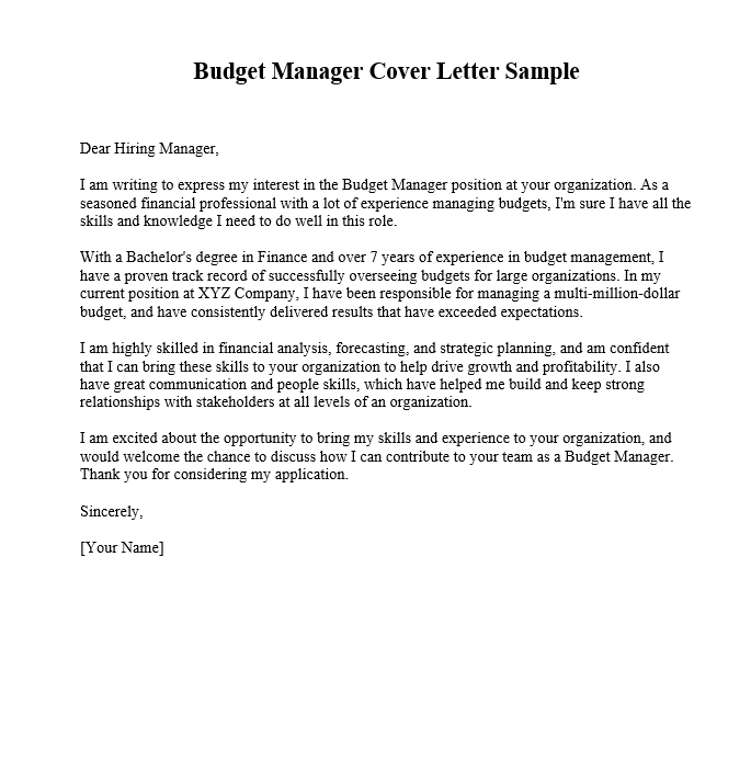 Budget Manager Cover Letter Sample
