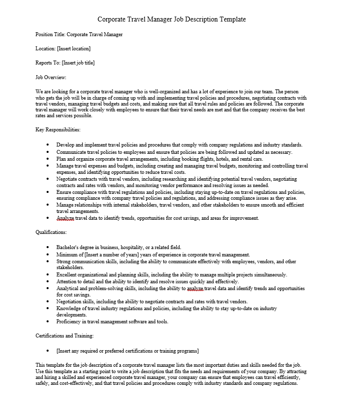 Corporate Travel Manager Job Description Template