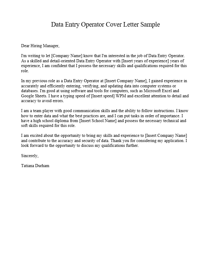 Data Entry Operator Cover Letter Sample