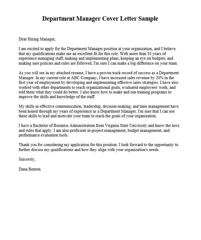 Department Manager Cover Letter Sample