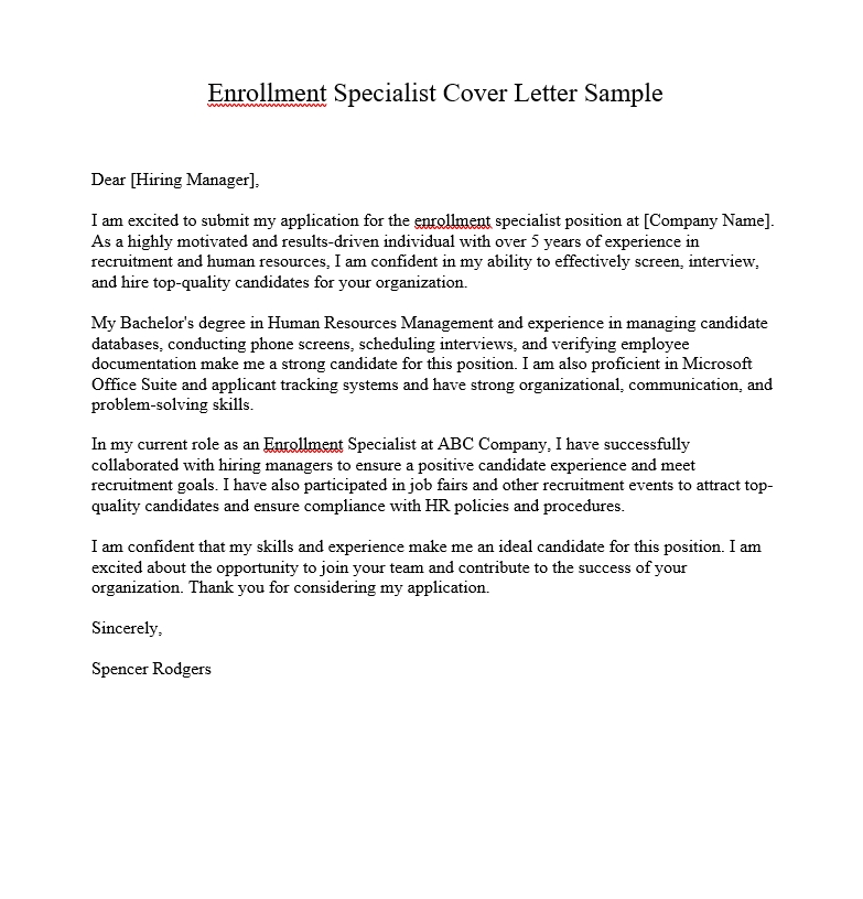 Enrollment Specialist Cover Letter Sample