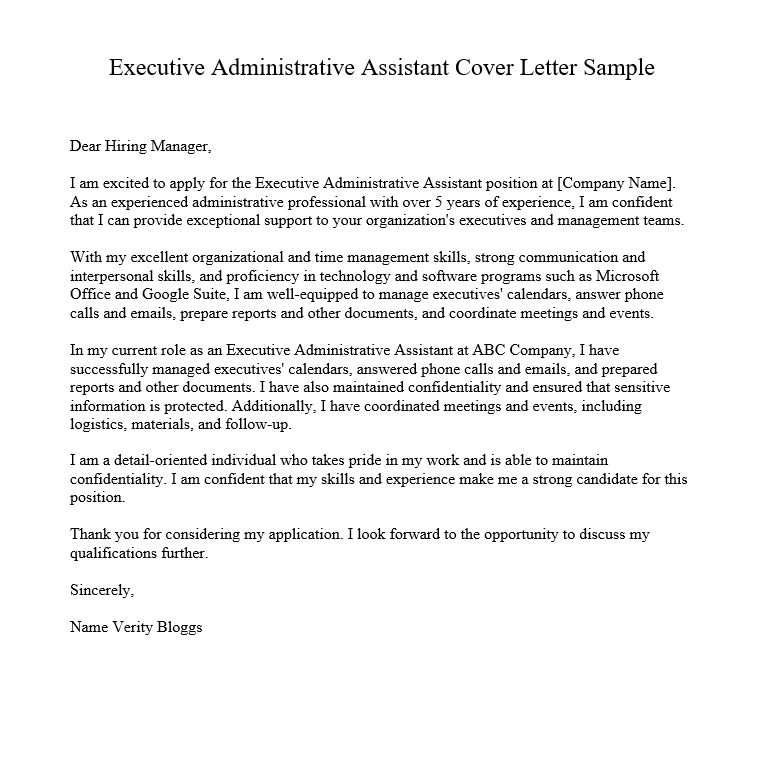 Executive Administrative Assistant Cover Letter Sample