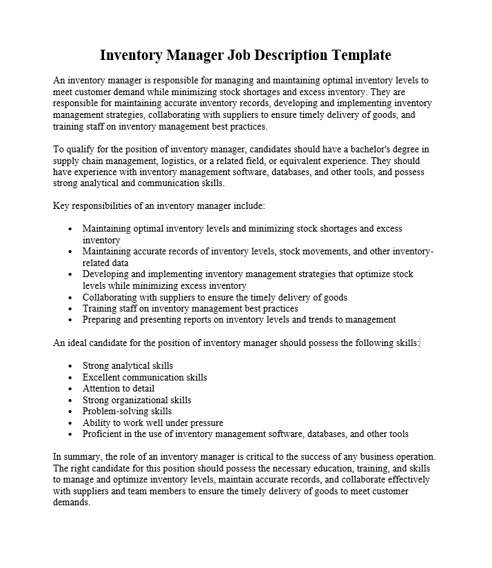 Inventory Manager Job Description Template