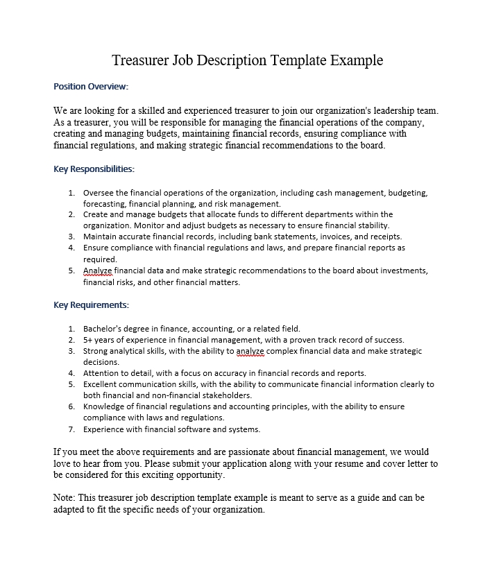 Treasurer Job Description Template