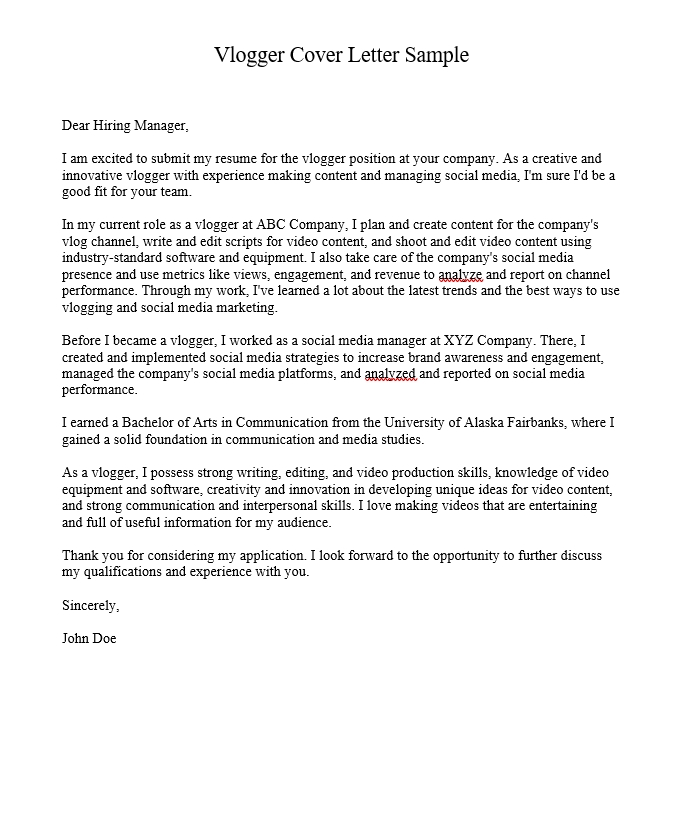 Vlogger Cover Letter Sample