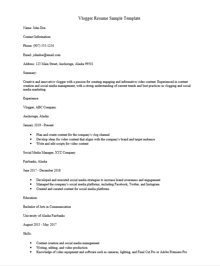 Vlogger Resume Sample Template