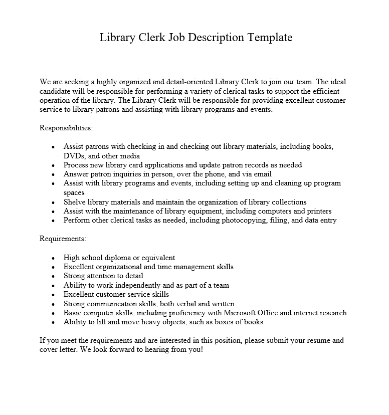 Library Clerk Job Description Template 1