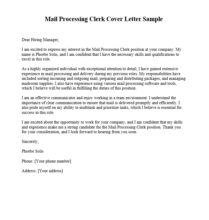 Mail Processing Clerk Cover Letter Sample