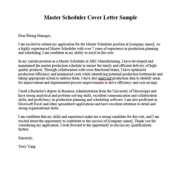 Master Scheduler Cover Letter Sample