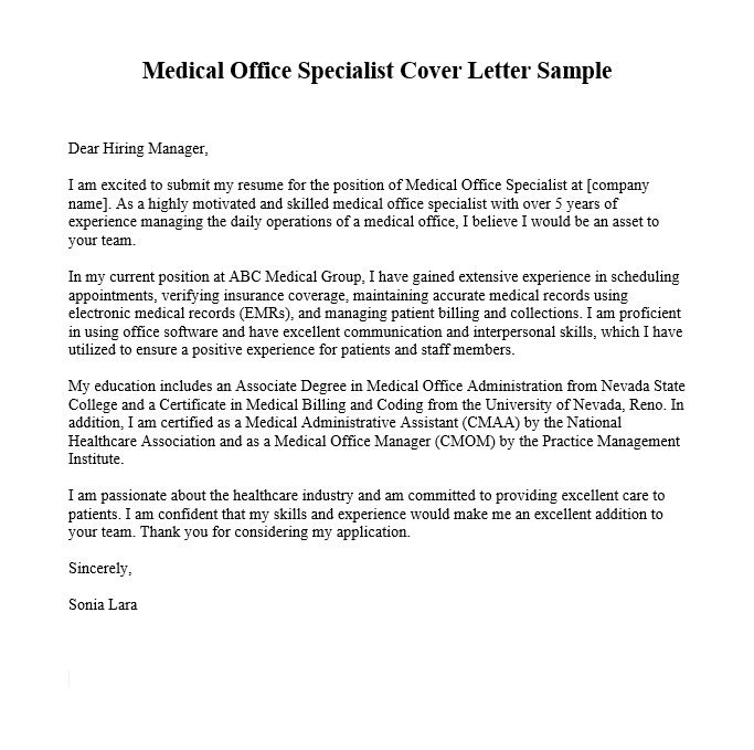 Medical Office Specialist Cover Letter Sample
