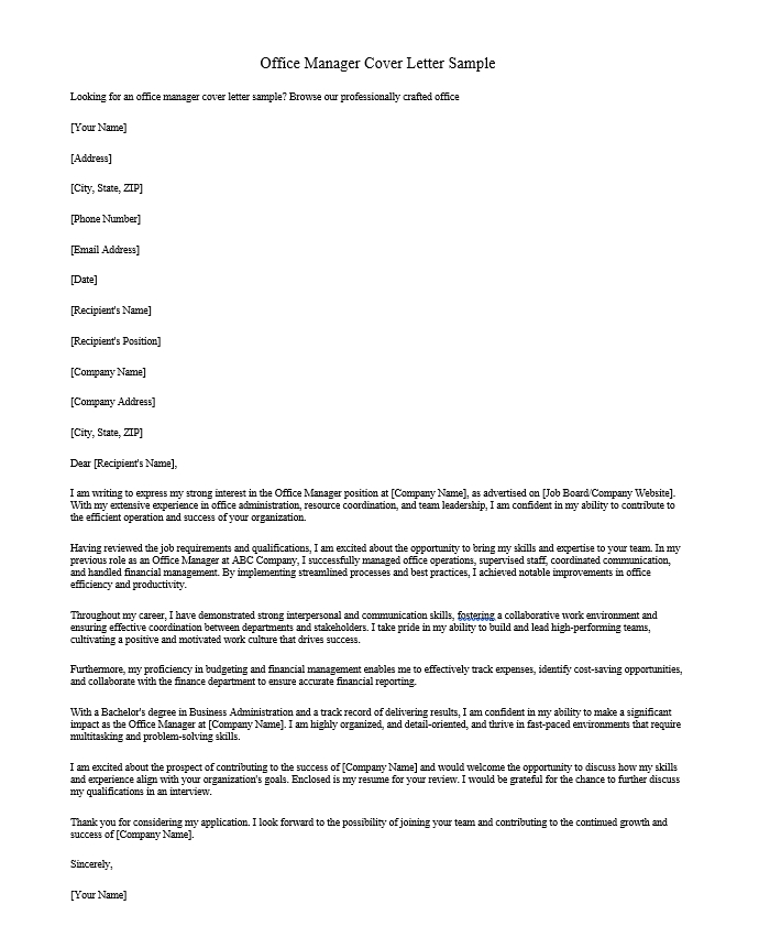 Office Manager Cover Letter Sample