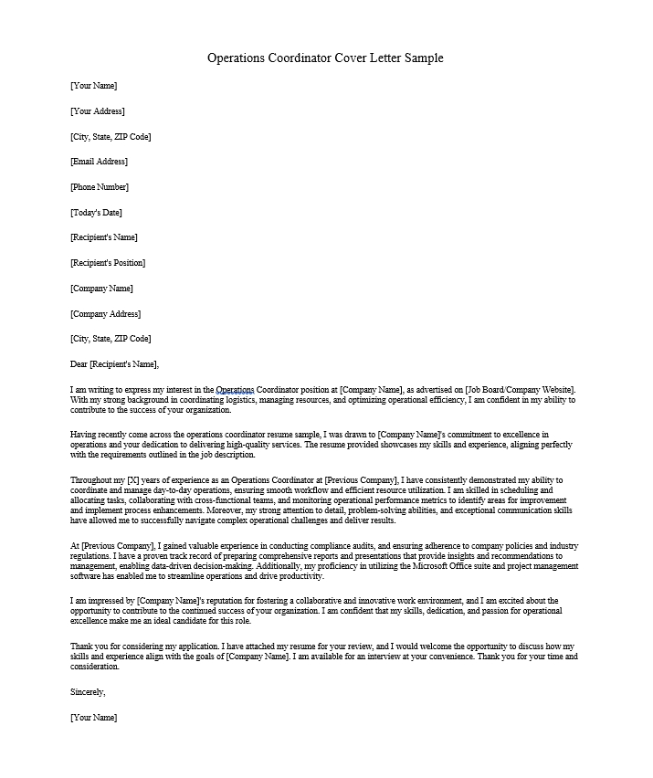 Operations Coordinator Cover Letter Sample