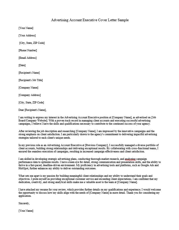 Advertising Account Executive Cover Letter Sample