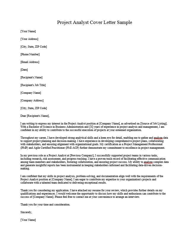 Project Analyst Cover Letter Sample