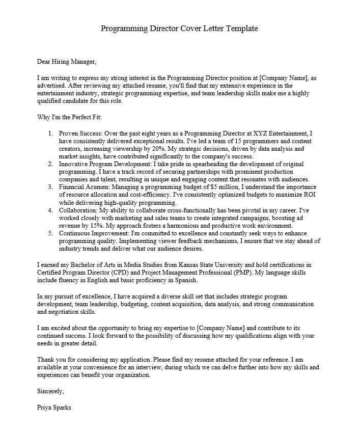 Programming Director Cover Letter Template