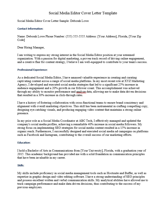 Social Media Editor Cover Letter Template