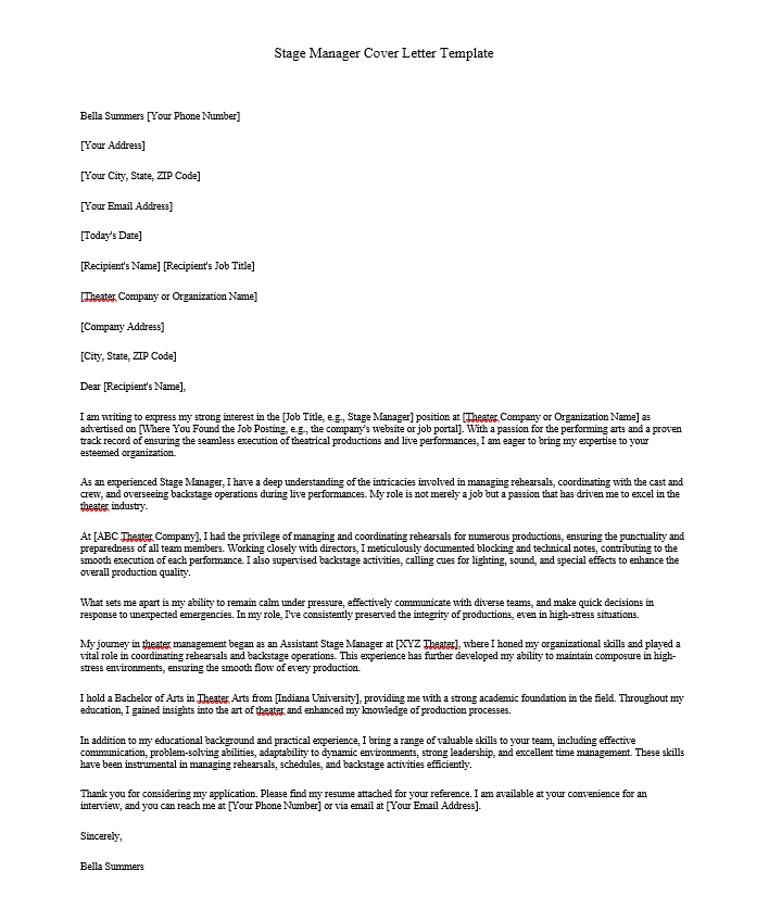Stage Manager Cover Letter Template