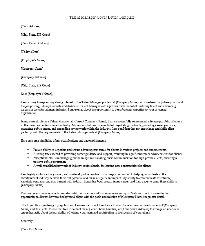Talent Manager Cover Letter Template
