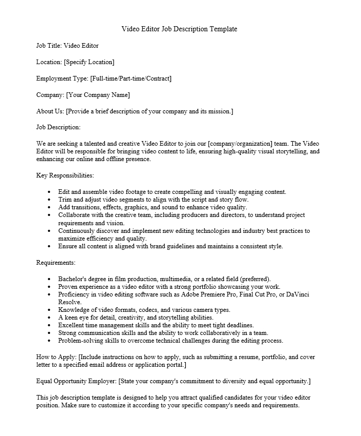 Video Editor Job Description Template