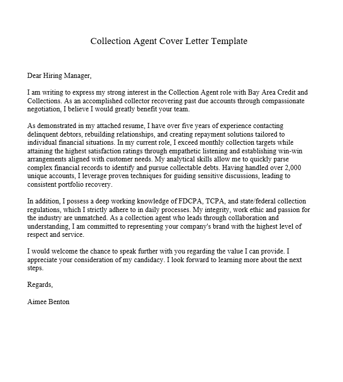 Collection Agent Cover Letter Template