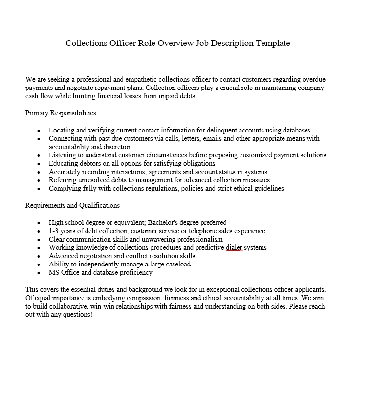 Collections Officer Role Overview Job Description Template