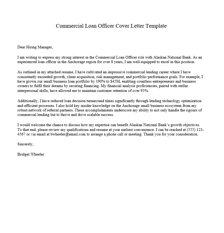 Commercial Loan Officer Cover Letter Template