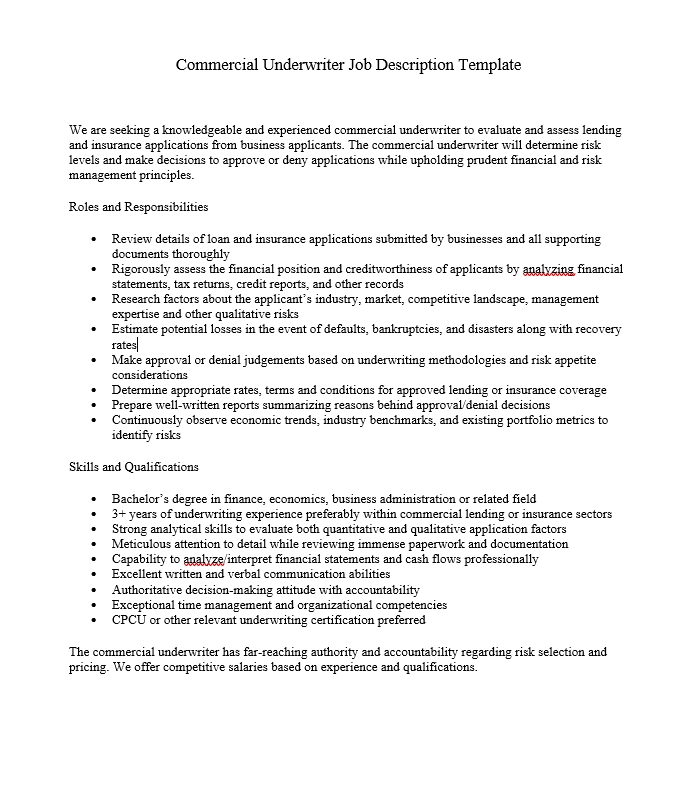 Commercial Underwriter Job Description Template