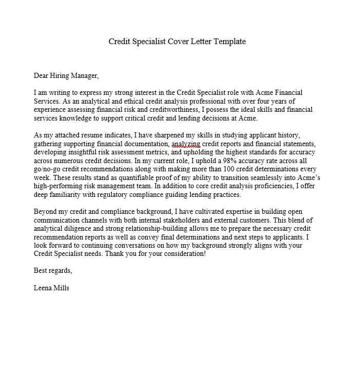 Credit Specialist Cover Letter Template
