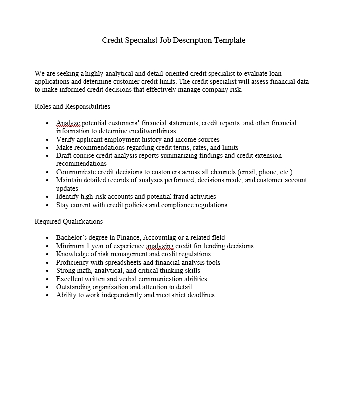 Credit Specialist Job Description Template