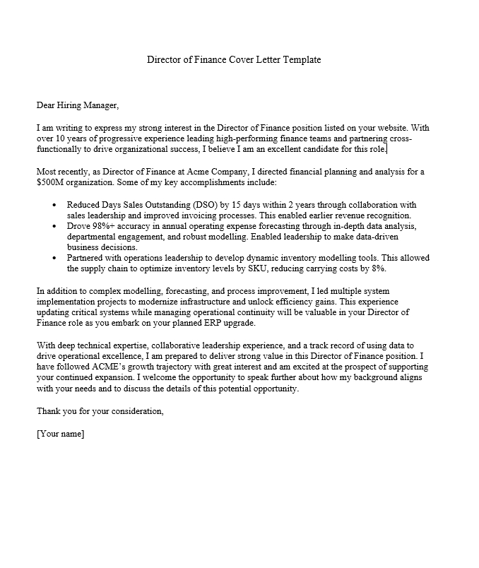 Director of Finance Cover Letter Template