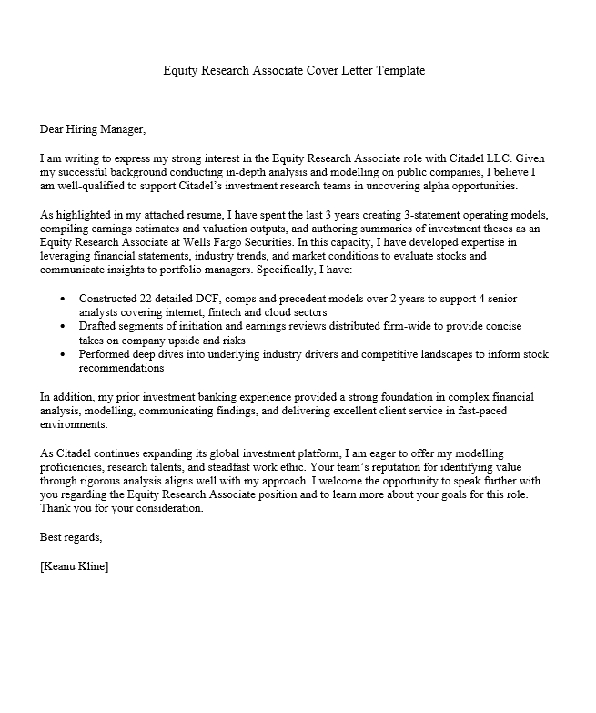 Equity Research Associate Cover Letter Template