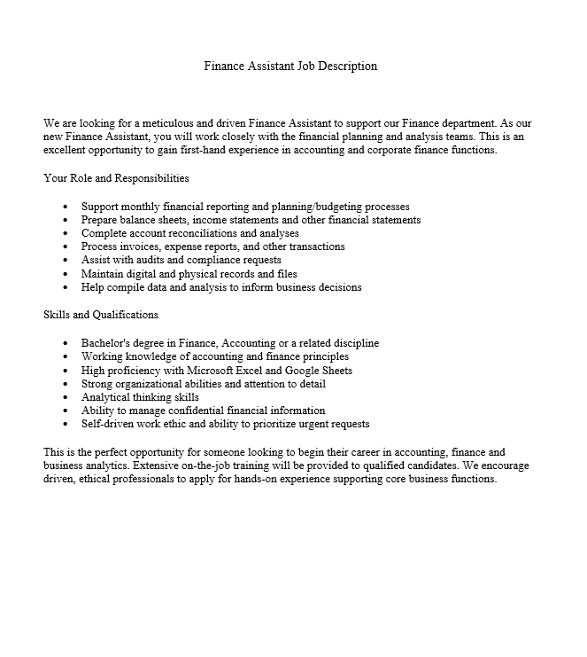 Finance Assistant Job Description