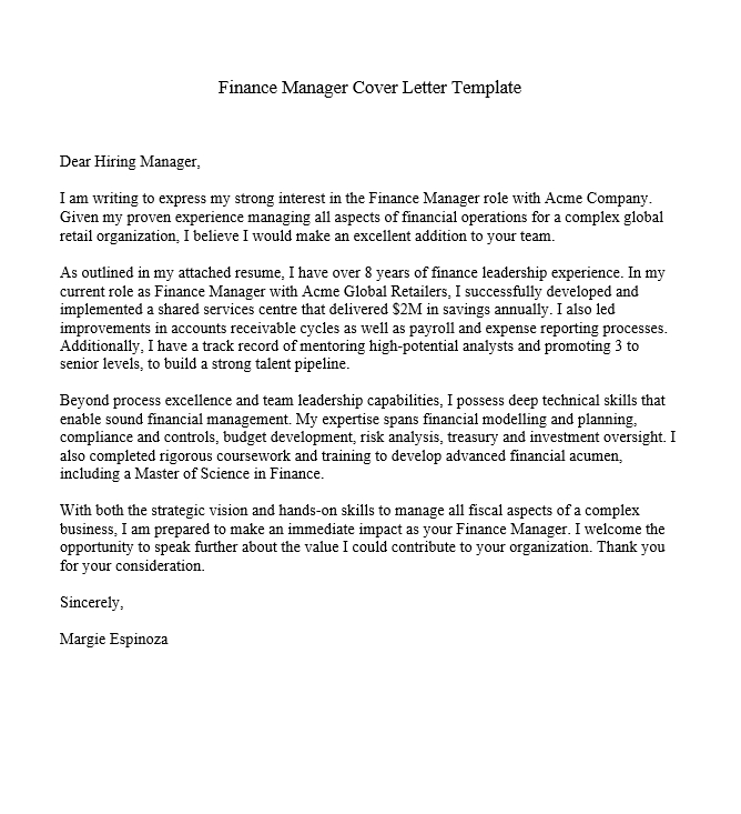 Finance Manager Cover Letter Template
