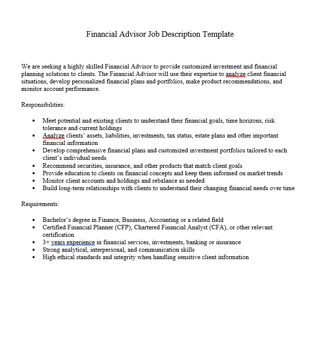 Financial Advisor Job Description Template