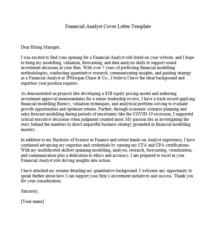 Financial Analyst Cover Letter Template