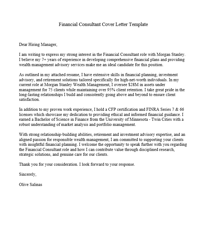 Financial Consultant Cover Letter Template