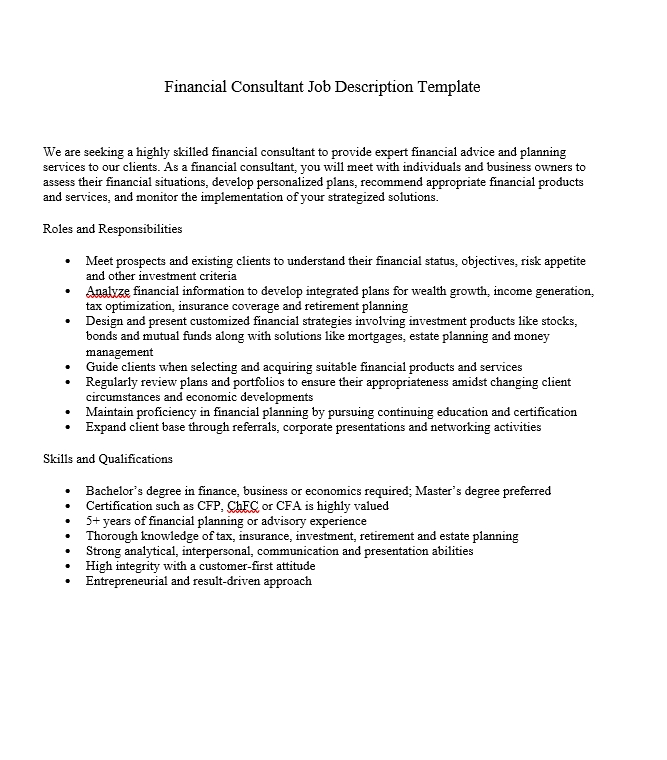 Financial Consultant Job Description Job Duties, Requirements and Skills