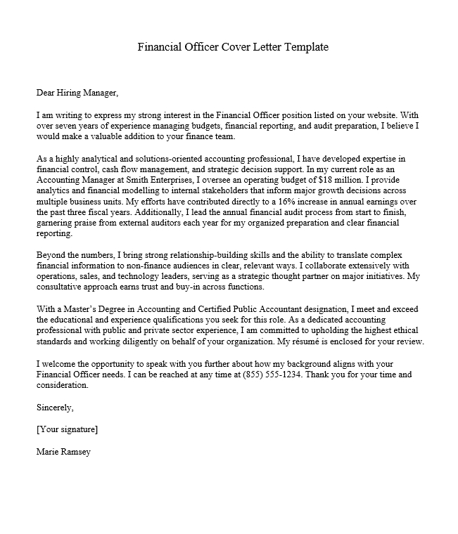 Financial Officer Cover Letter Template
