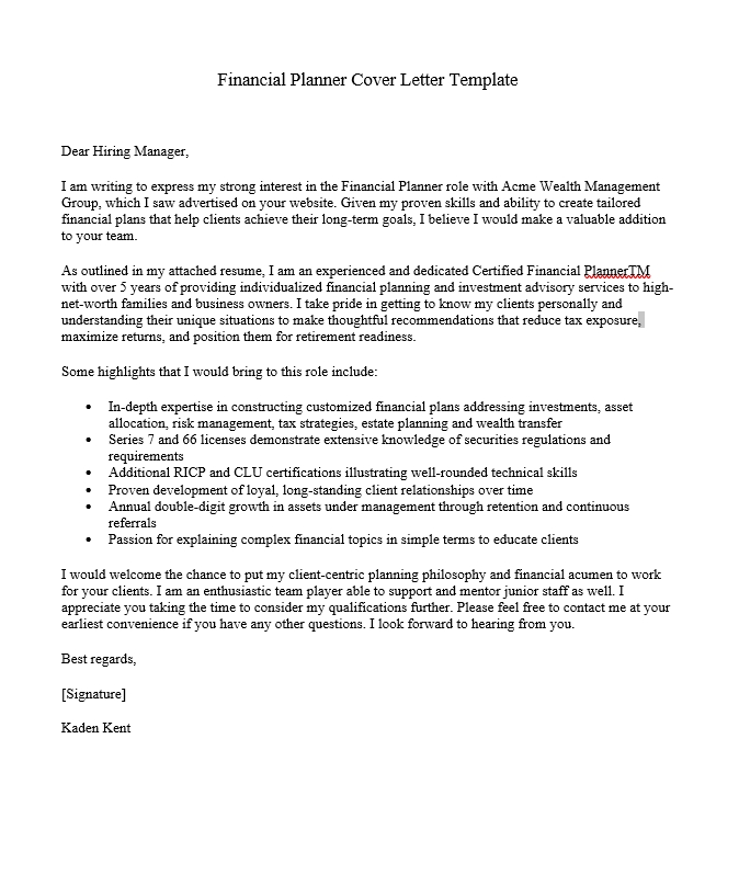 Financial Planner Cover Letter Template