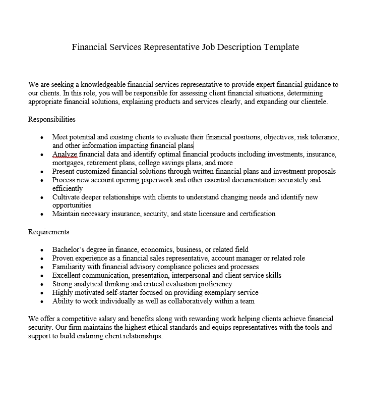 Financial Services Representative Job Description Template